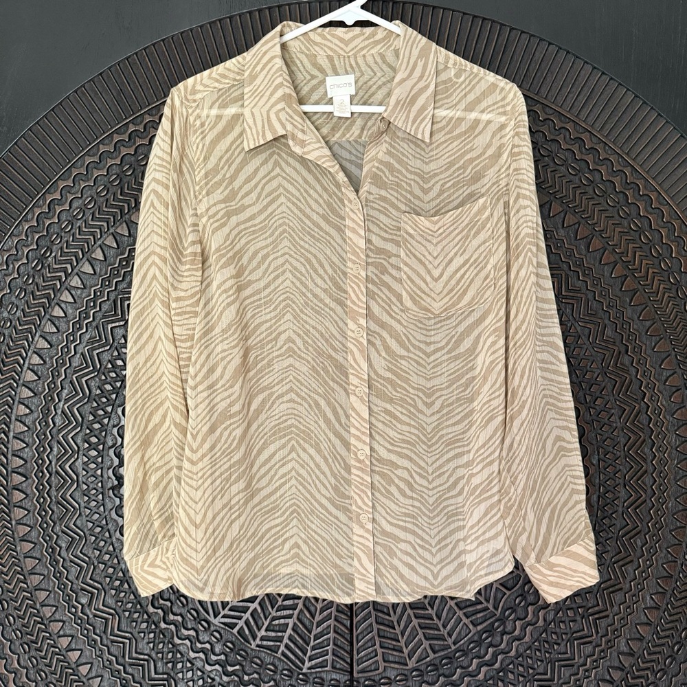 Chicos Animal Print Sheer Button Down Shirt 2 L Safari Mob Wife Beige Boho Zebra